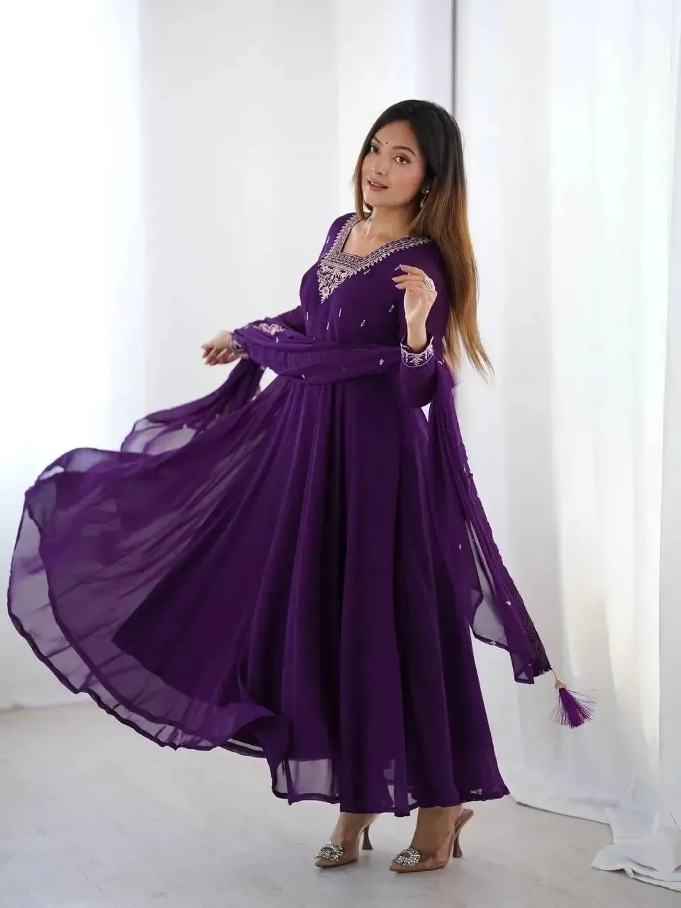 Fox Georgette Anarkali Set with Embroidery, Beads & Jari Work Dupatta