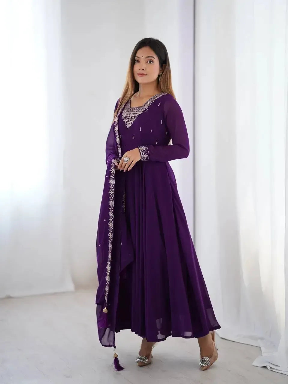 Fox Georgette Anarkali Set with Embroidery, Beads & Jari Work Dupatta