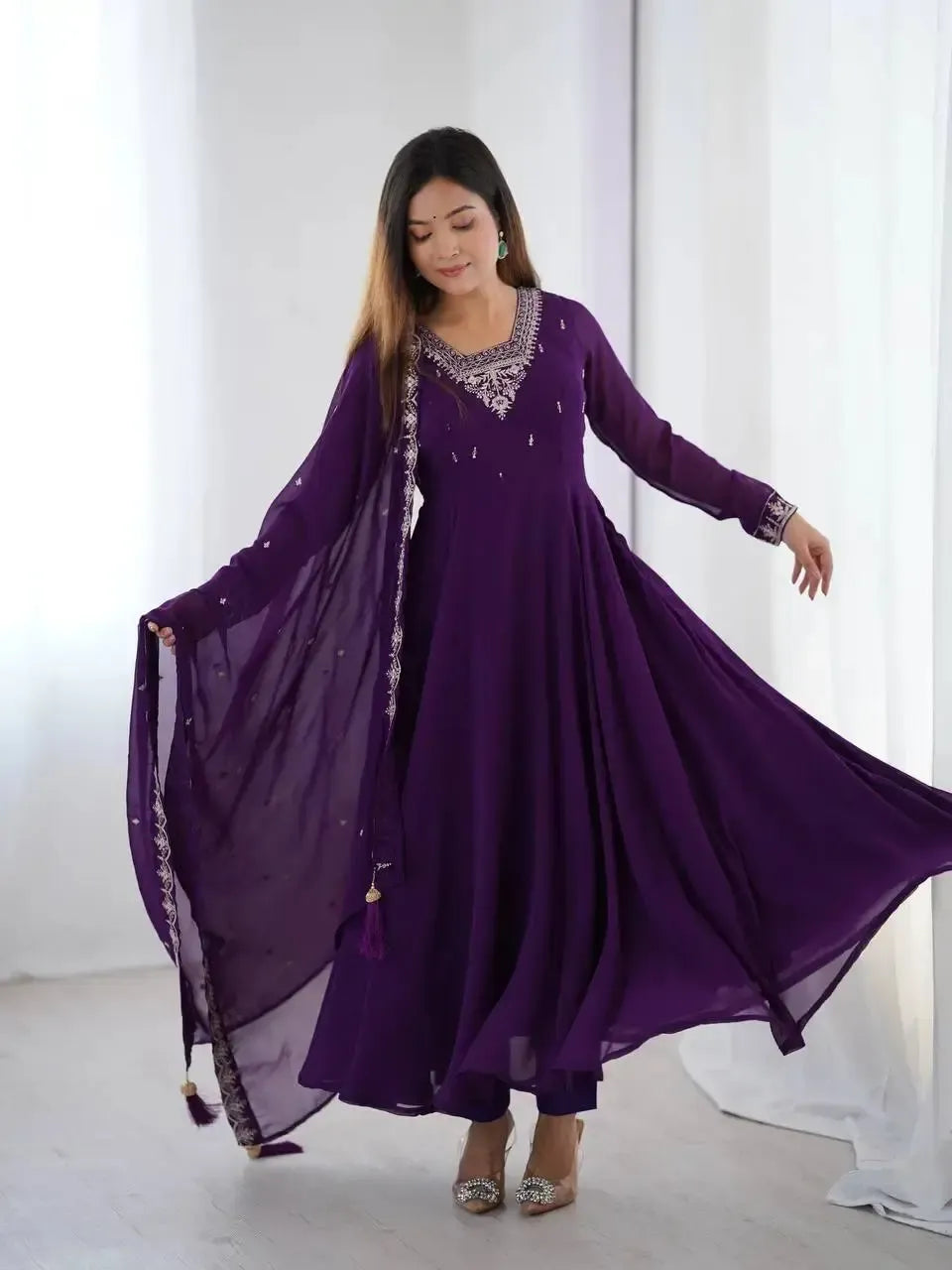 Fox Georgette Anarkali Set with Embroidery, Beads & Jari Work Dupatta