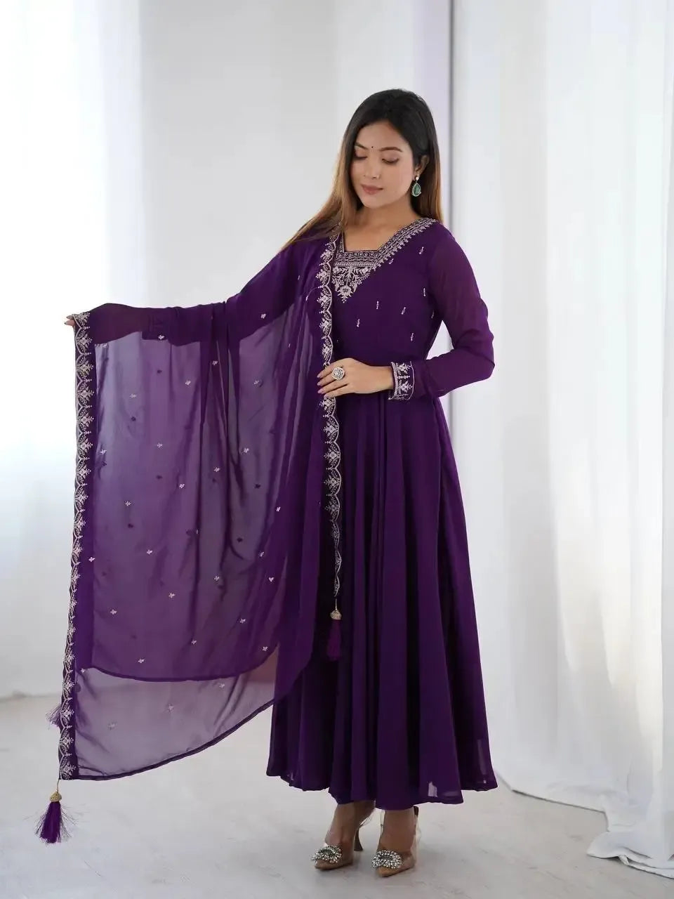 Fox Georgette Anarkali Set with Embroidery, Beads & Jari Work Dupatta