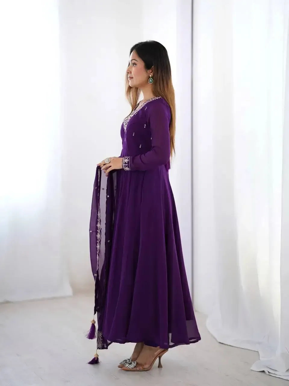 Fox Georgette Anarkali Set with Embroidery, Beads & Jari Work Dupatta