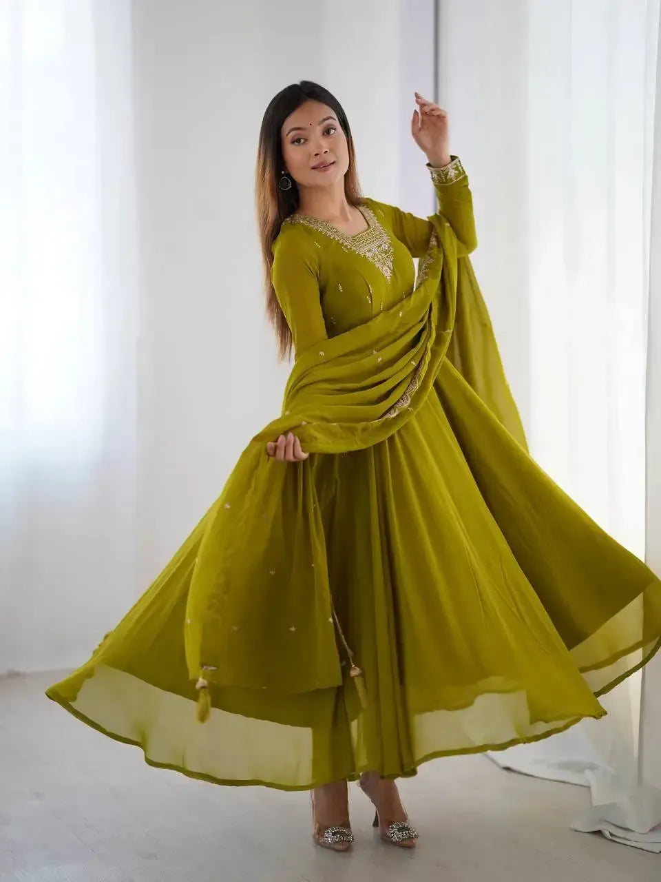 Fox Georgette Anarkali Set with Embroidery, Beads & Jari Work Dupatta