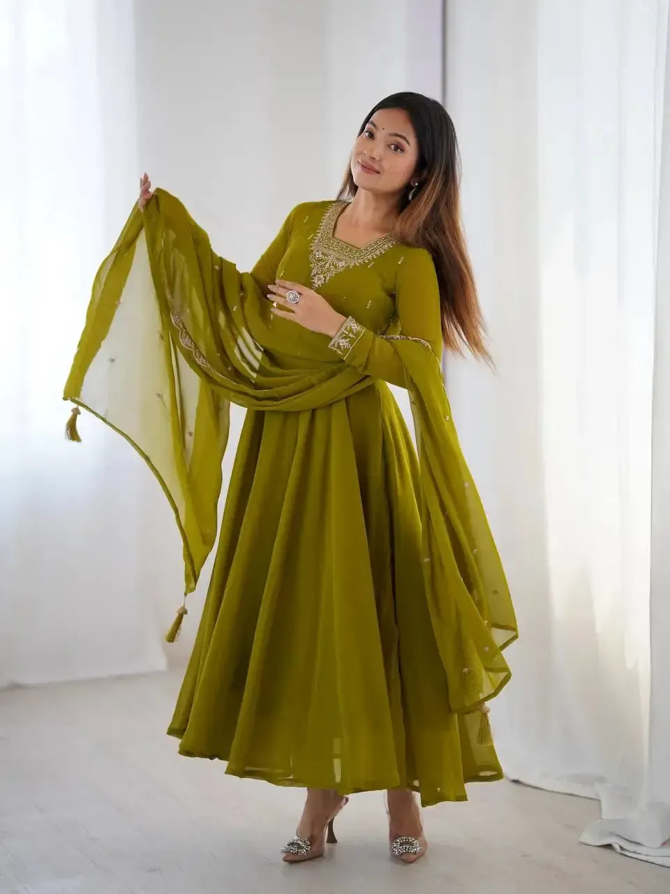Fox Georgette Anarkali Set with Embroidery, Beads & Jari Work Dupatta