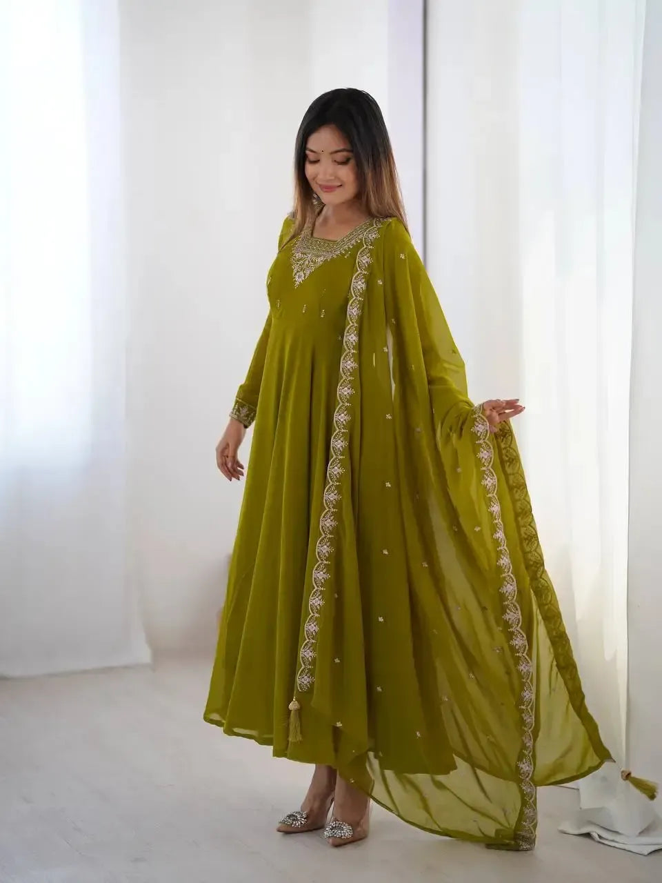 Fox Georgette Anarkali Set with Embroidery, Beads & Jari Work Dupatta