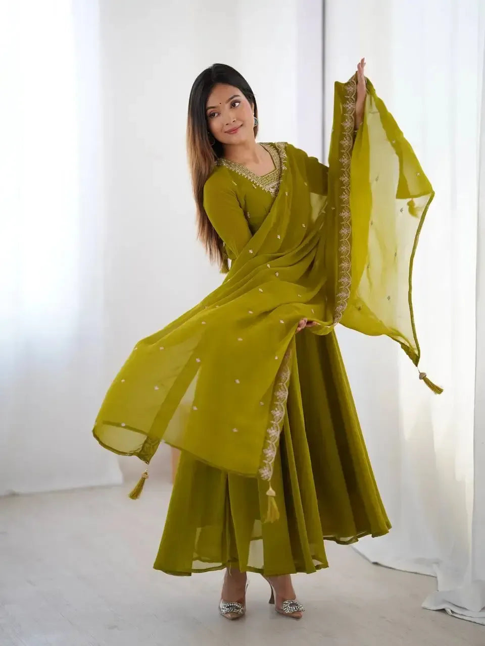 Fox Georgette Anarkali Set with Embroidery, Beads & Jari Work Dupatta