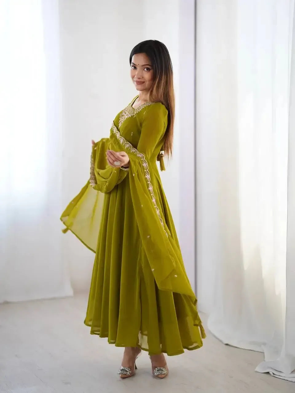 Fox Georgette Anarkali Set with Embroidery, Beads & Jari Work Dupatta