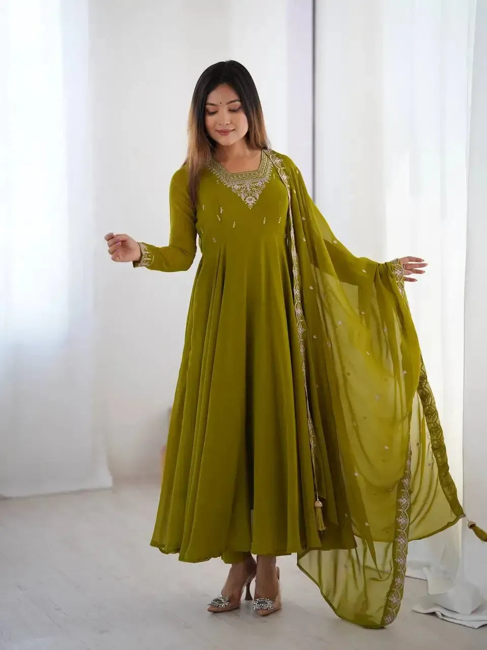 Fox Georgette Anarkali Set with Embroidery, Beads & Jari Work Dupatta