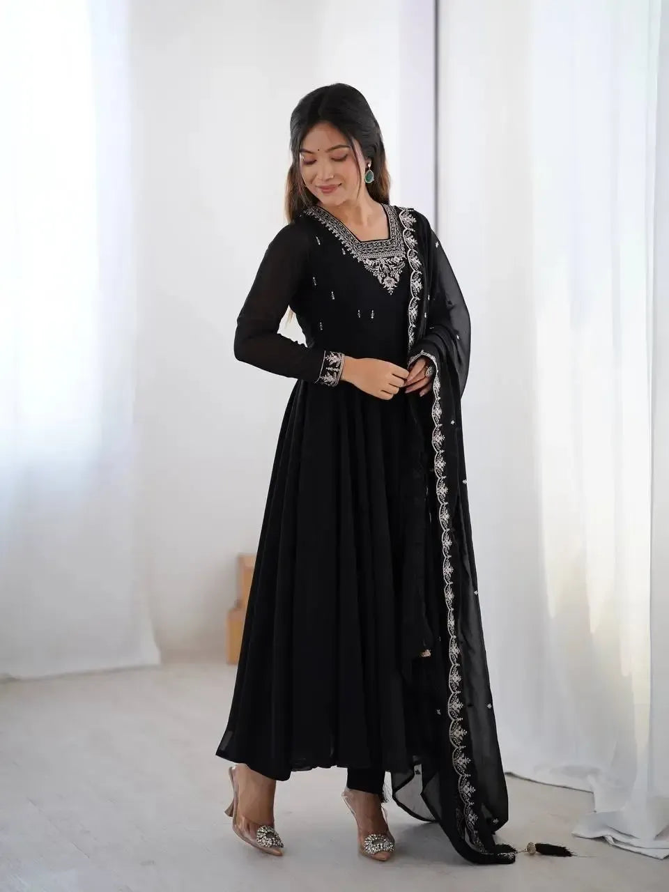Fox Georgette Anarkali Set with Embroidery, Beads & Jari Work Dupatta