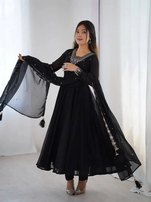Fox Georgette Anarkali Set with Embroidery, Beads & Jari Work Dupatta