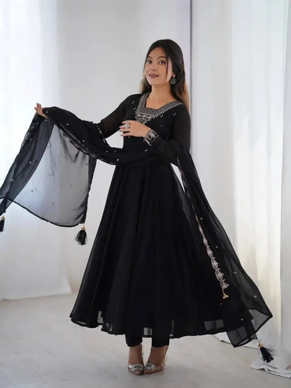 Fox Georgette Anarkali Set with Embroidery, Beads & Jari Work Dupatta