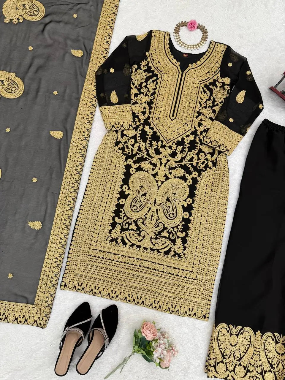 Fox Georgette Chinestitch Embroidered Kurta Set with Palazzo & Dupatta – Black & Golden