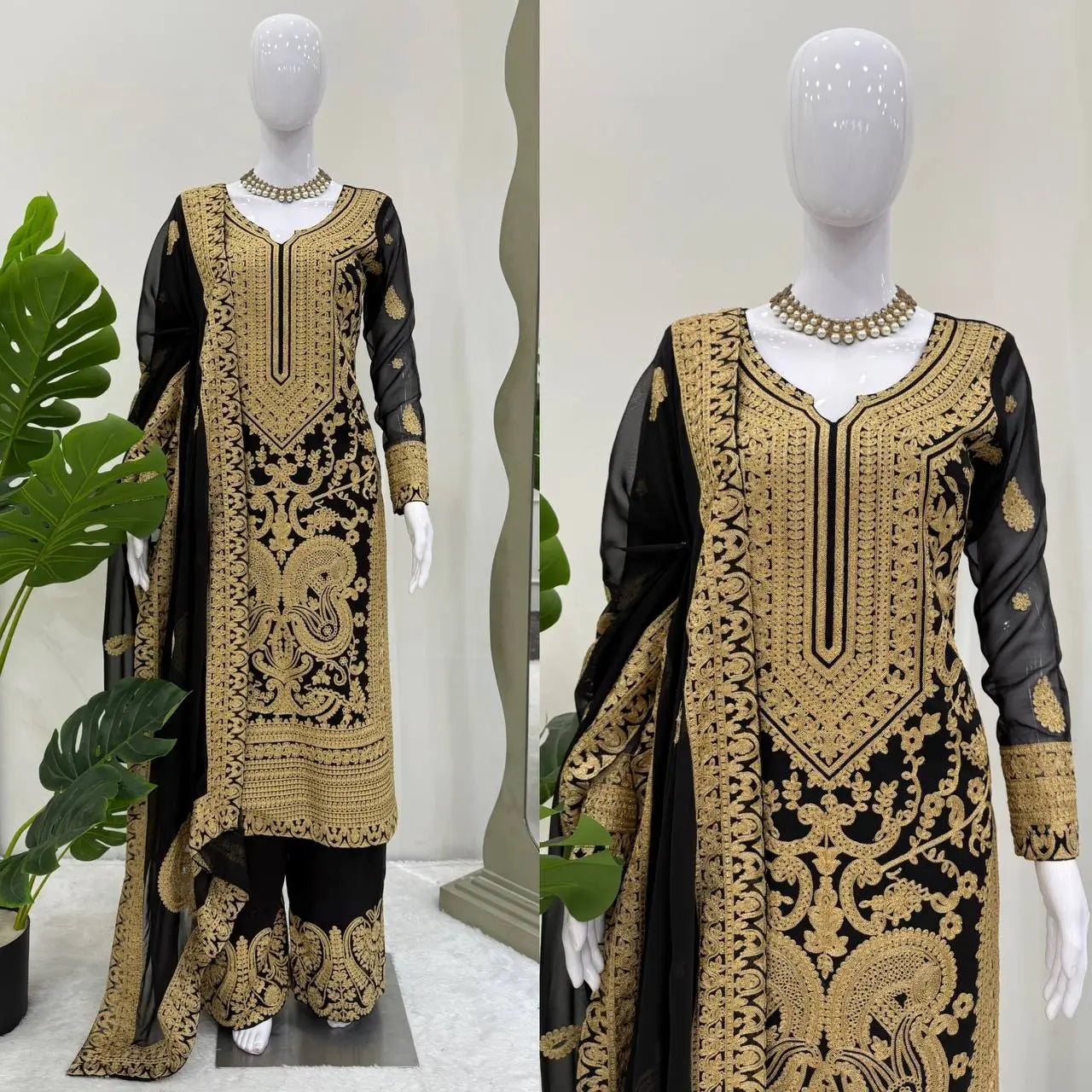 Fox Georgette Chinestitch Embroidered Kurta Set with Palazzo & Dupatta – Black & Golden