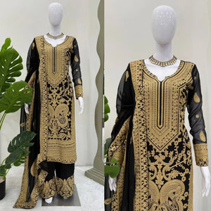 Fox Georgette Chinestitch Embroidered Kurta Set with Palazzo & Dupatta – Black & Golden