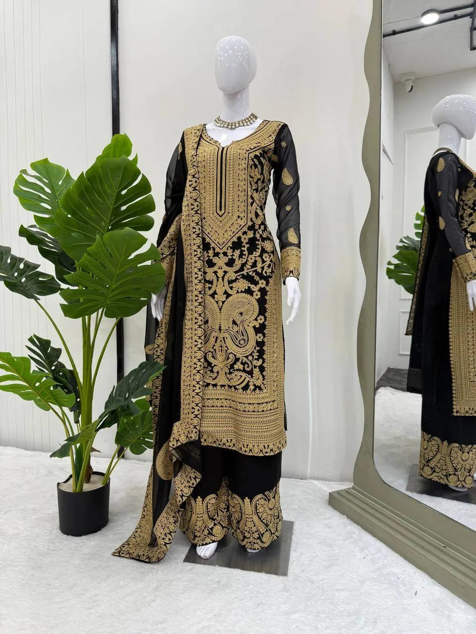 Fox Georgette Chinestitch Embroidered Kurta Set with Palazzo & Dupatta – Black & Golden