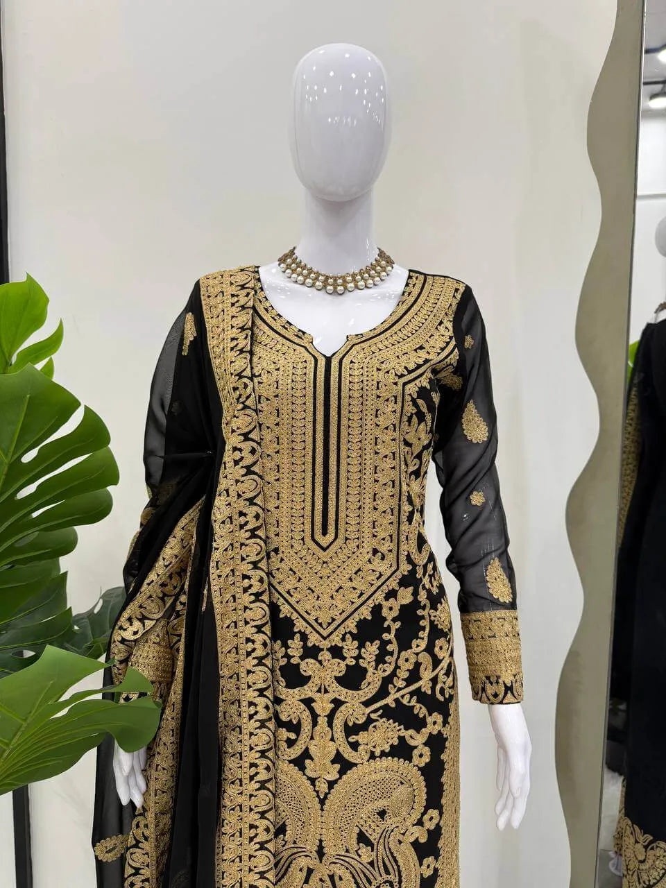 Fox Georgette Chinestitch Embroidered Kurta Set with Palazzo & Dupatta – Black & Golden