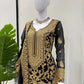Fox Georgette Chinestitch Embroidered Kurta Set with Palazzo & Dupatta – Black & Golden