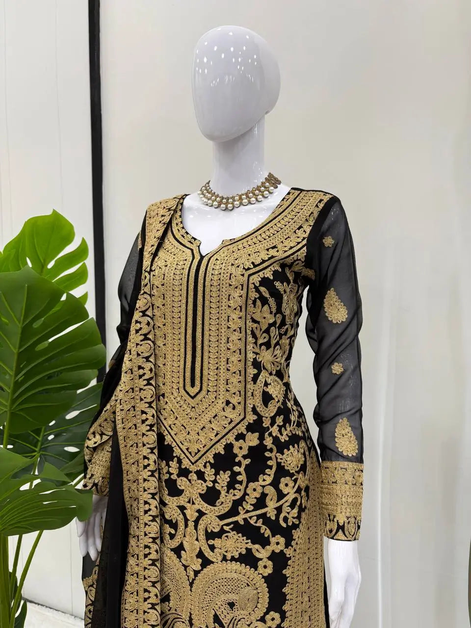 Fox Georgette Chinestitch Embroidered Kurta Set with Palazzo & Dupatta – Black & Golden