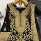 Fox Georgette Chinestitch Embroidered Kurta Set with Palazzo & Dupatta – Black & Golden
