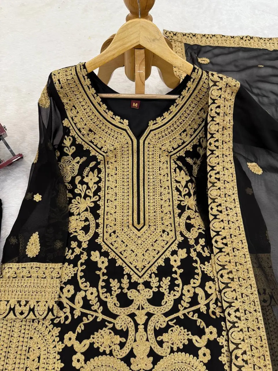 Fox Georgette Chinestitch Embroidered Kurta Set with Palazzo & Dupatta – Black & Golden