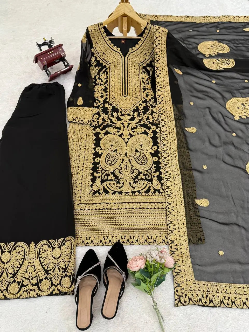 Fox Georgette Chinestitch Embroidered Kurta Set with Palazzo & Dupatta – Black & Golden