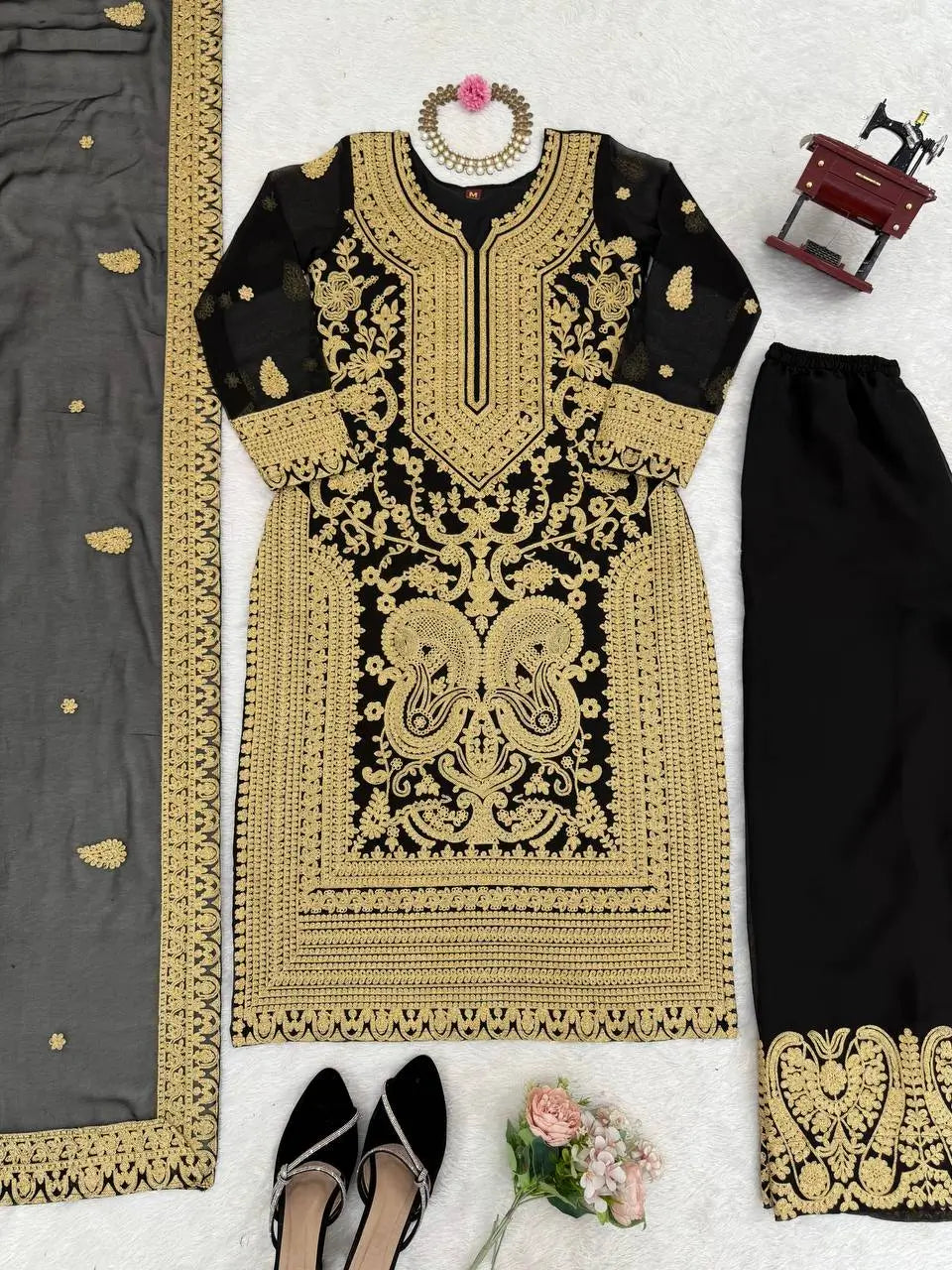 Fox Georgette Chinestitch Embroidered Kurta Set with Palazzo & Dupatta – Black & Golden