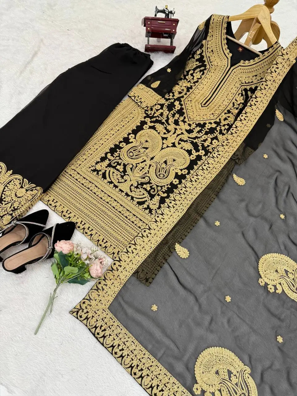 Fox Georgette Chinestitch Embroidered Kurta Set with Palazzo & Dupatta – Black & Golden