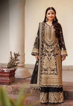 Fox Georgette Chinestitch Embroidered Kurta Set with Palazzo & Dupatta – Black & Golden