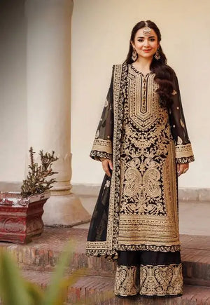 Fox Georgette Chinestitch Embroidered Kurta Set with Palazzo & Dupatta – Black & Golden
