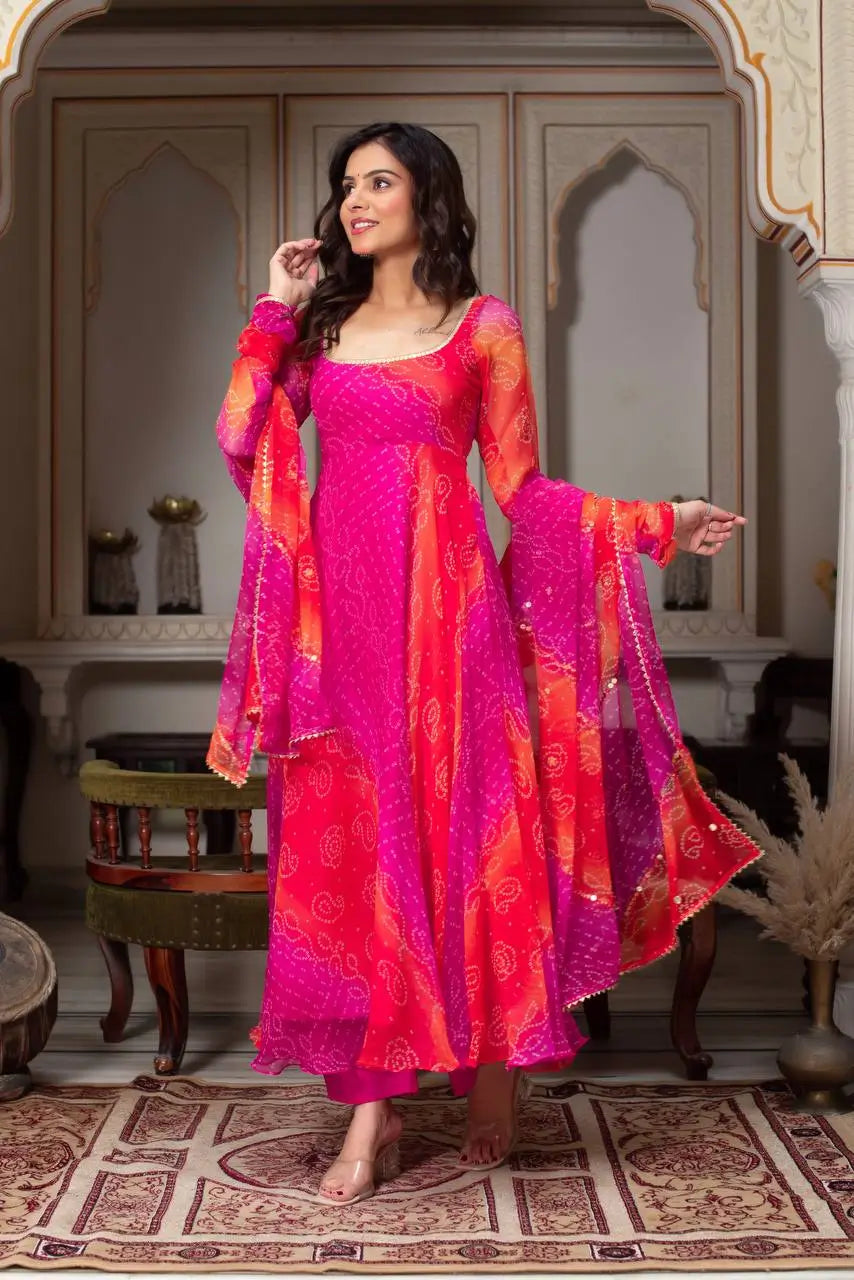Fox Georgette Digital Print Anarkali Set with Dupatta & Pant – 7.5 Meter Flair