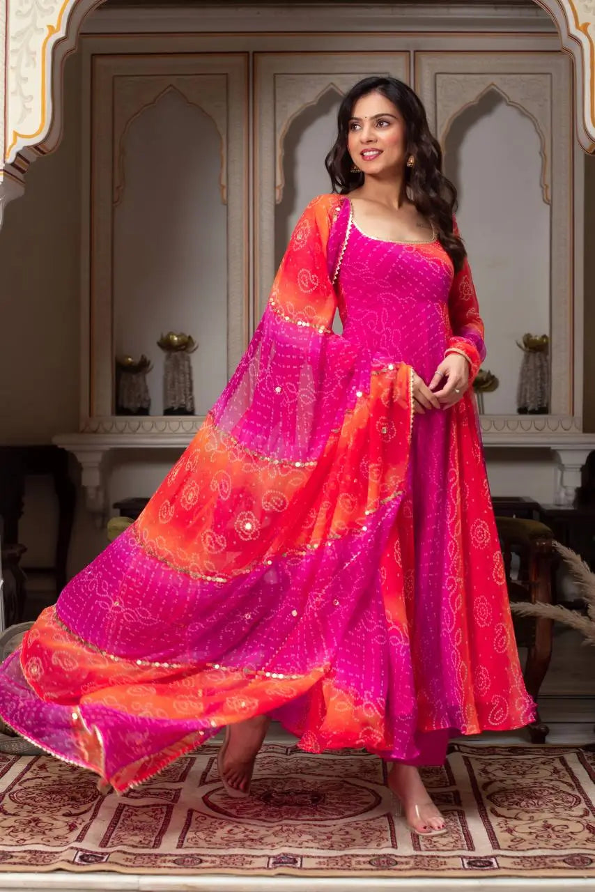 Fox Georgette Digital Print Anarkali Set with Dupatta & Pant – 7.5 Meter Flair
