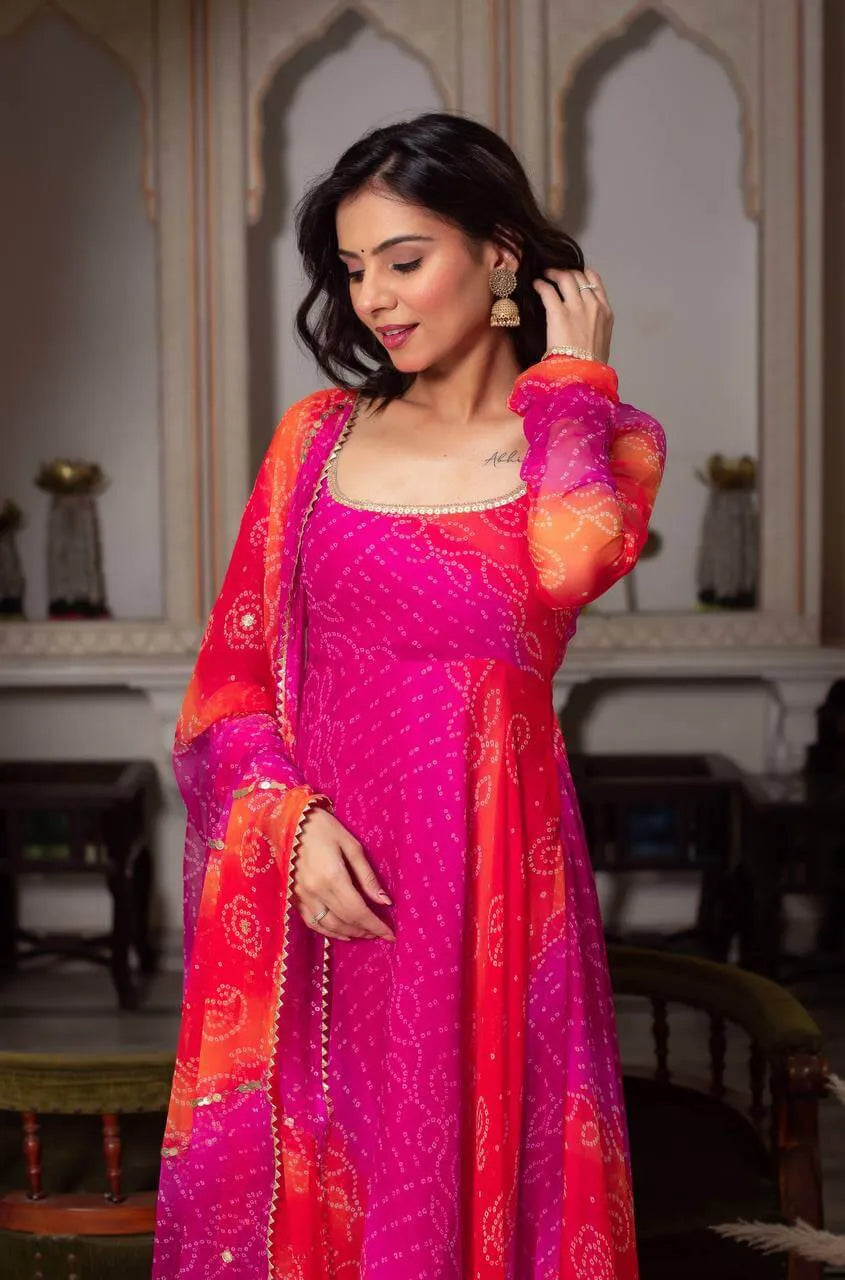 Fox Georgette Digital Print Anarkali Set with Dupatta & Pant – 7.5 Meter Flair