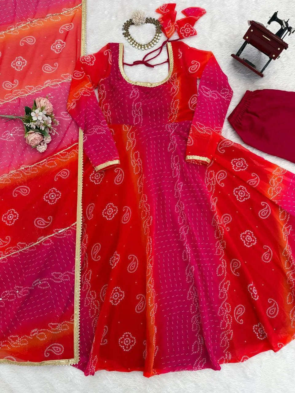 Fox Georgette Digital Print Anarkali Set with Dupatta & Pant – 7.5 Meter Flair
