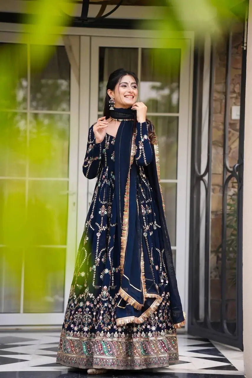 Fox Georgette Embroidered Anarkali Set with Dupatta – Thread & Sequence Work
