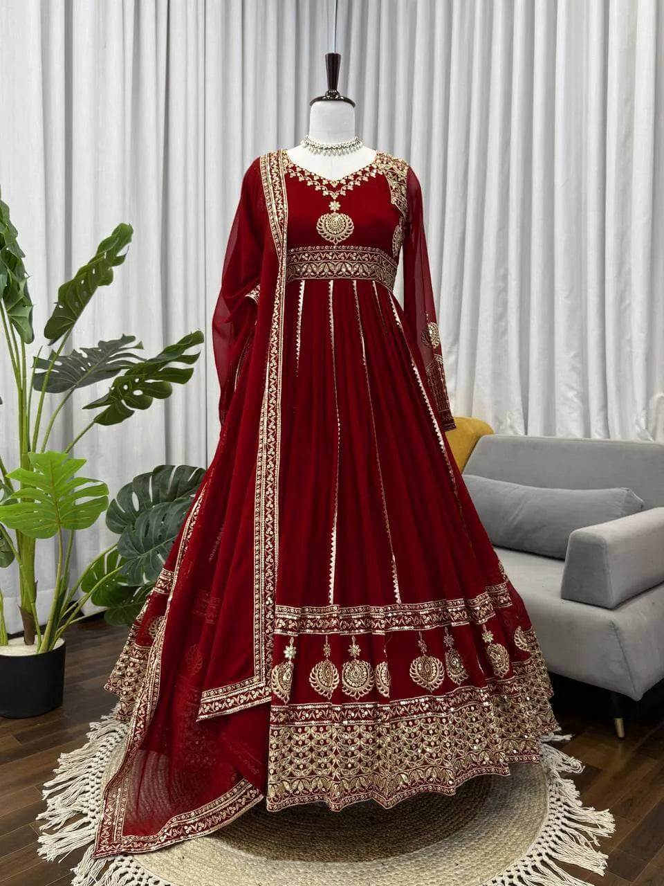 Fox Georgette Embroidered Anarkali Set with Palazzo & Dupatta – Maroon Elegance