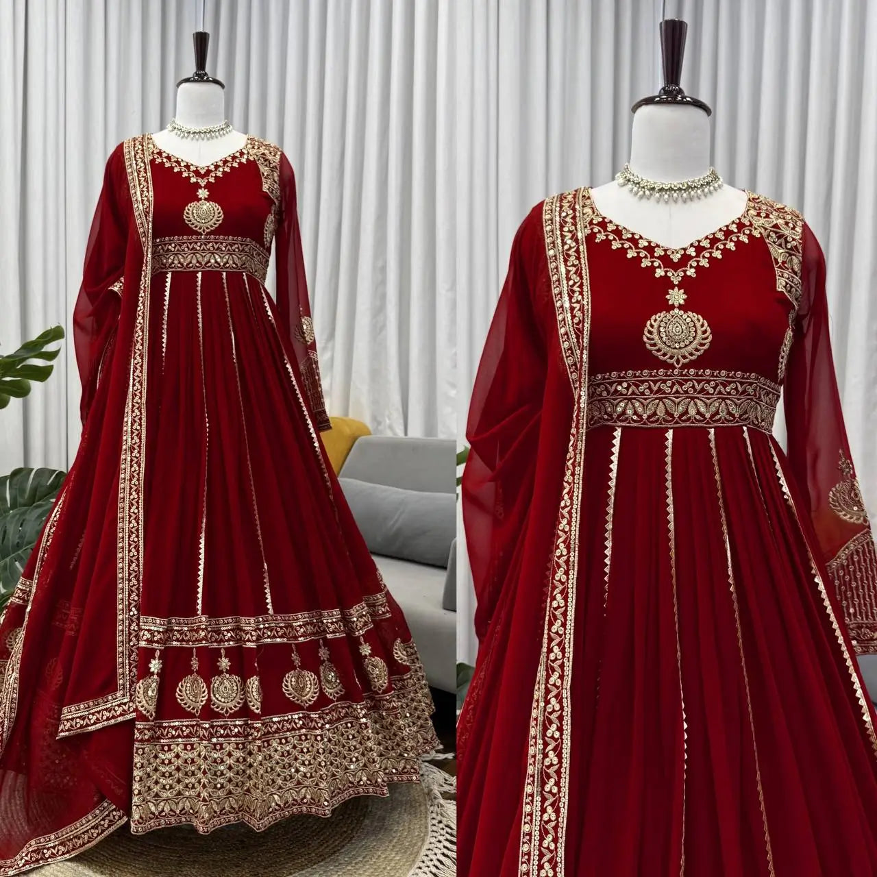 Fox Georgette Embroidered Anarkali Set with Palazzo & Dupatta – Maroon Elegance