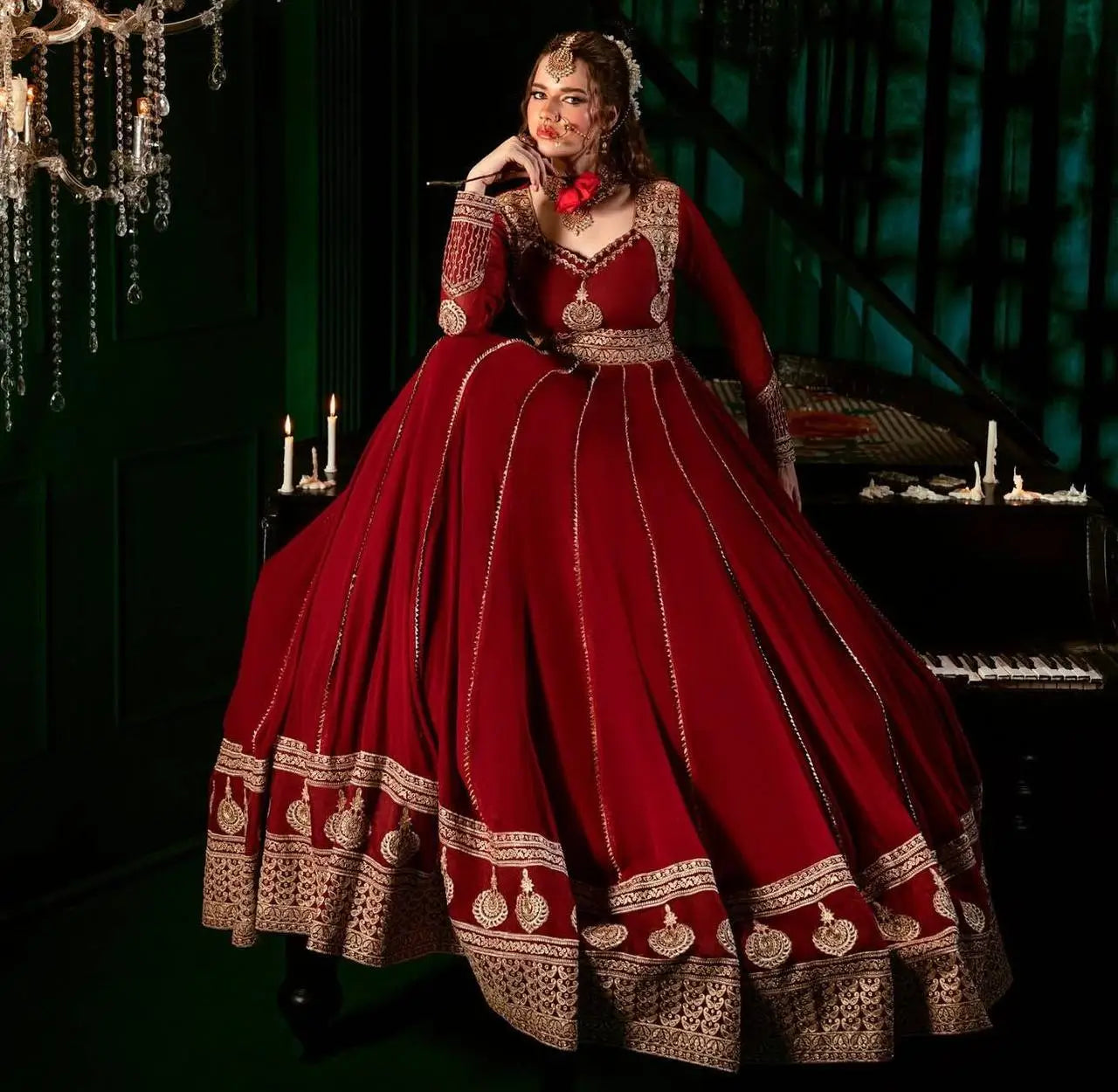 Fox Georgette Embroidered Anarkali Set with Palazzo & Dupatta – Maroon Elegance
