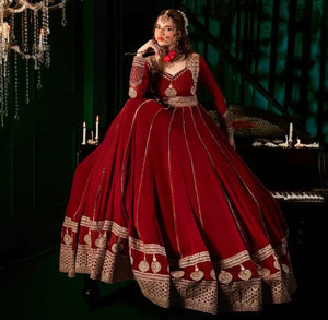 Fox Georgette Embroidered Anarkali Set with Palazzo & Dupatta – Maroon Elegance