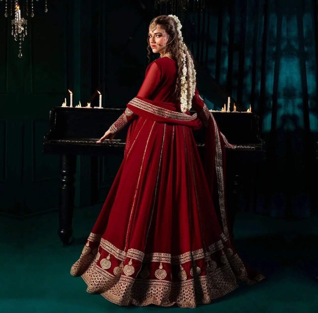 Fox Georgette Embroidered Anarkali Set with Palazzo & Dupatta – Maroon Elegance