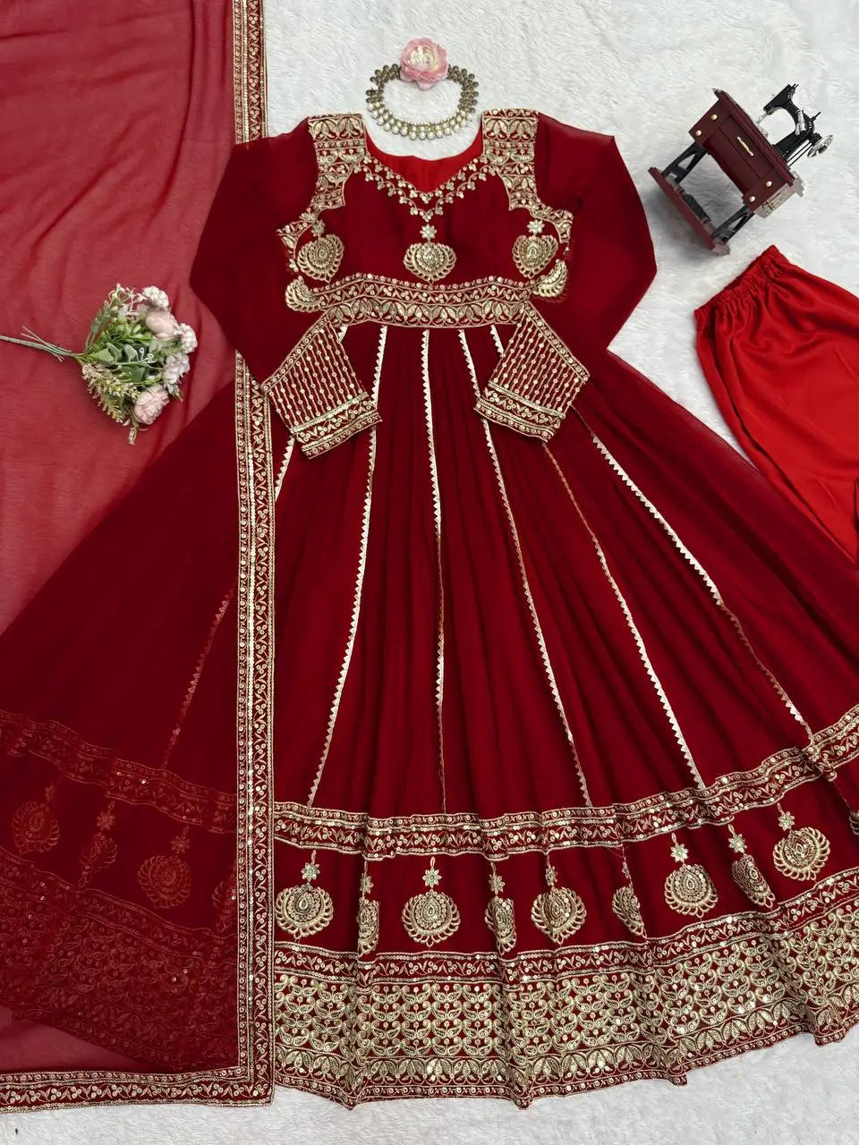 Fox Georgette Embroidered Anarkali Set with Palazzo & Dupatta – Maroon Elegance