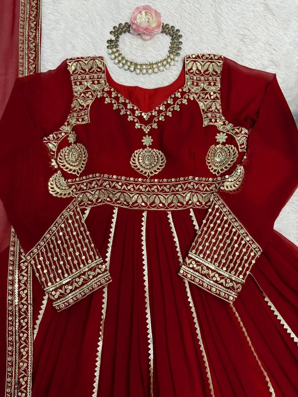 Fox Georgette Embroidered Anarkali Set with Palazzo & Dupatta – Maroon Elegance
