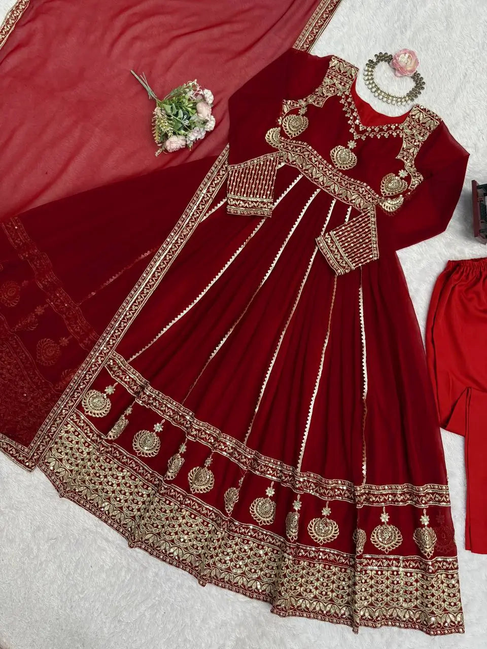 Fox Georgette Embroidered Anarkali Set with Palazzo & Dupatta – Maroon Elegance