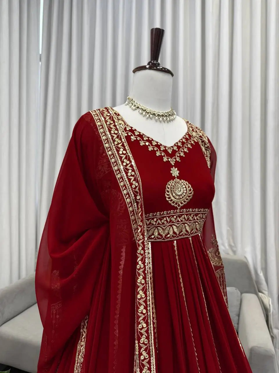 Fox Georgette Embroidered Anarkali Set with Palazzo & Dupatta – Maroon Elegance