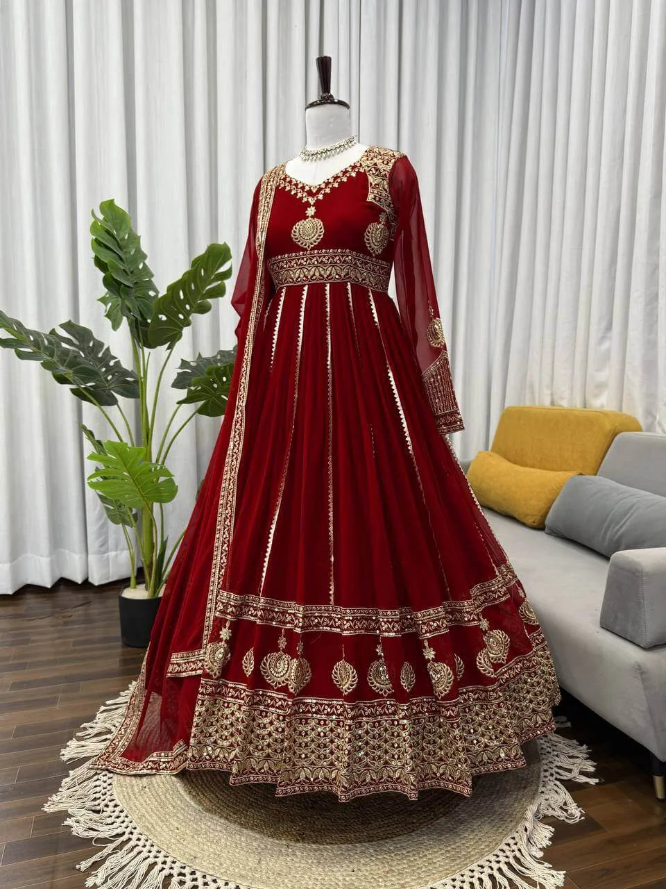 Fox Georgette Embroidered Anarkali Set with Palazzo & Dupatta – Maroon Elegance