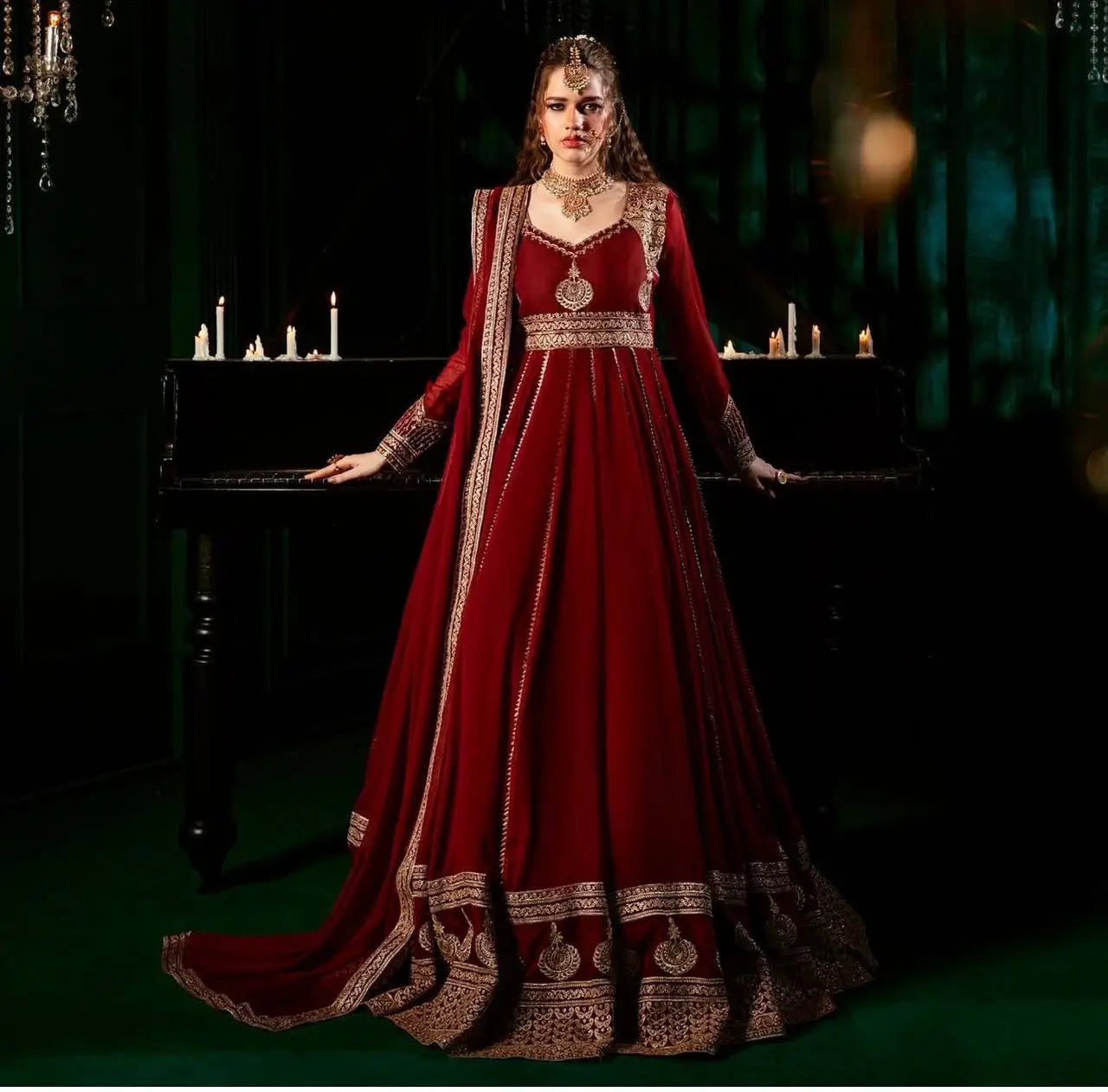 Fox Georgette Embroidered Anarkali Set with Palazzo & Dupatta – Maroon Elegance