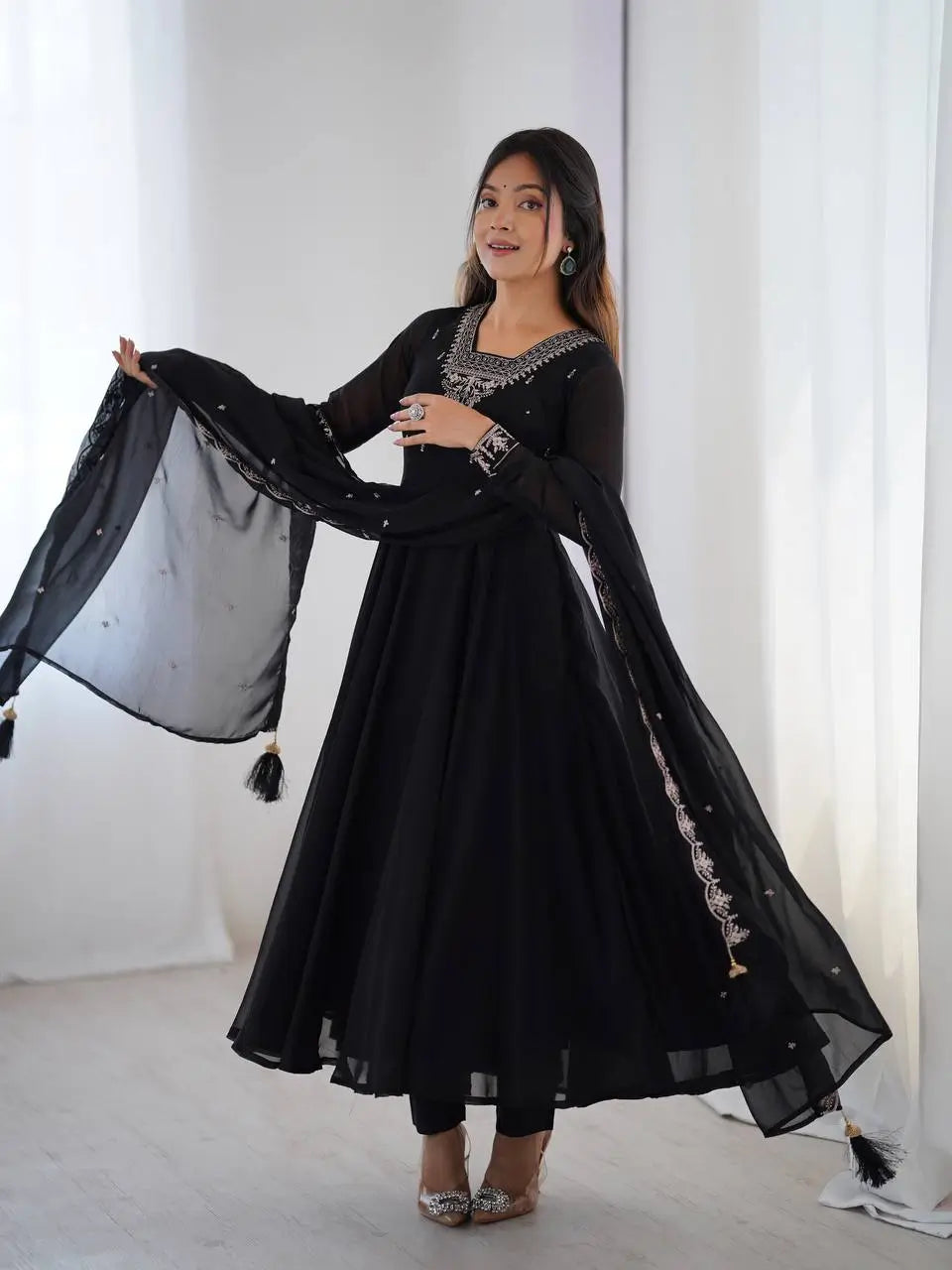 Fox Georgette Embroidered Black Anarkali Set with Bead and Zari Work