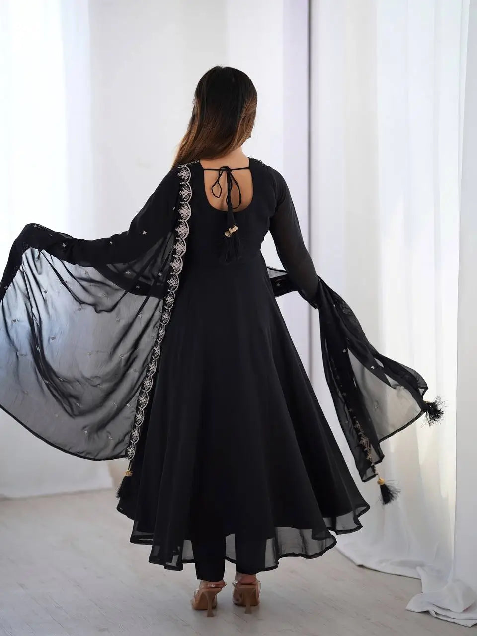 Fox Georgette Embroidered Black Anarkali Set with Bead and Zari Work