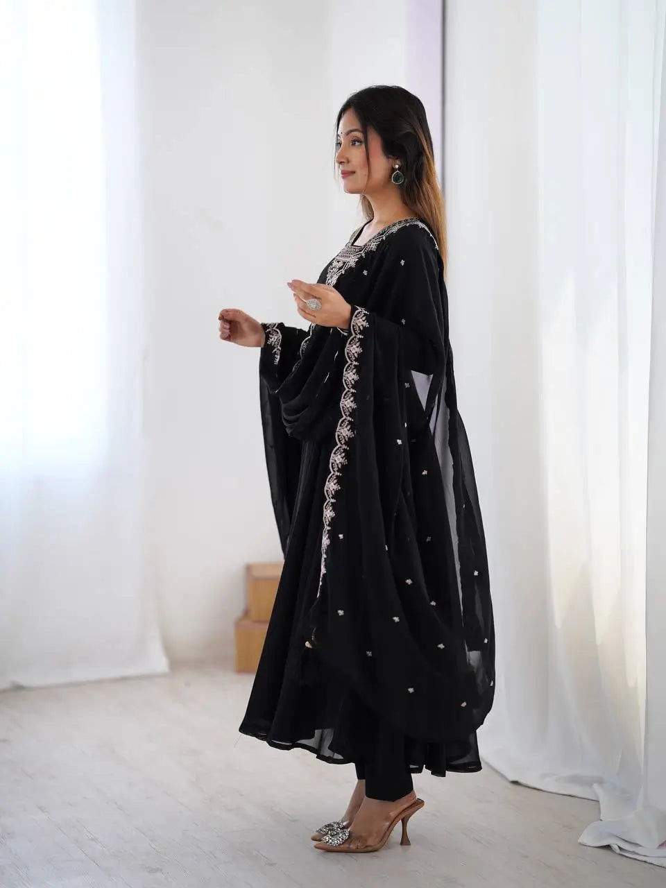 Fox Georgette Embroidered Black Anarkali Set with Bead and Zari Work