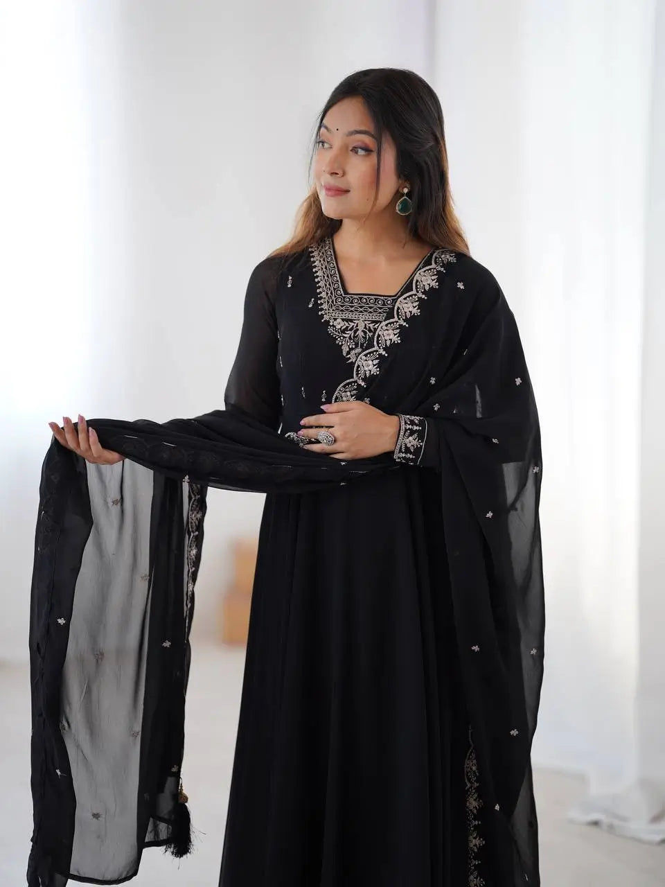 Fox Georgette Embroidered Black Anarkali Set with Bead and Zari Work