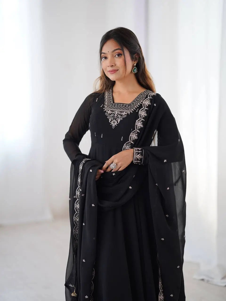 Fox Georgette Embroidered Black Anarkali Set with Bead and Zari Work