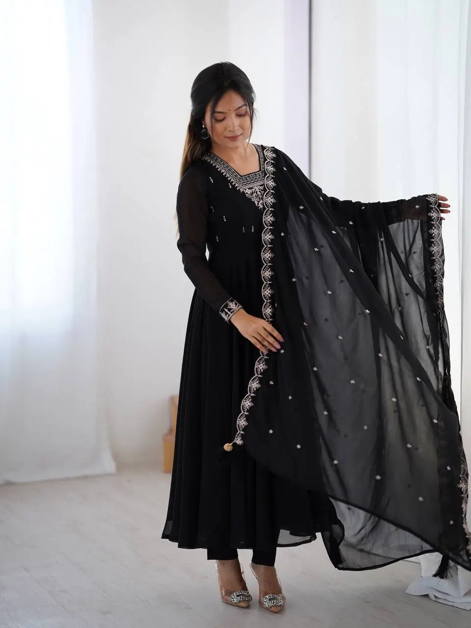 Fox Georgette Embroidered Black Anarkali Set with Bead and Zari Work